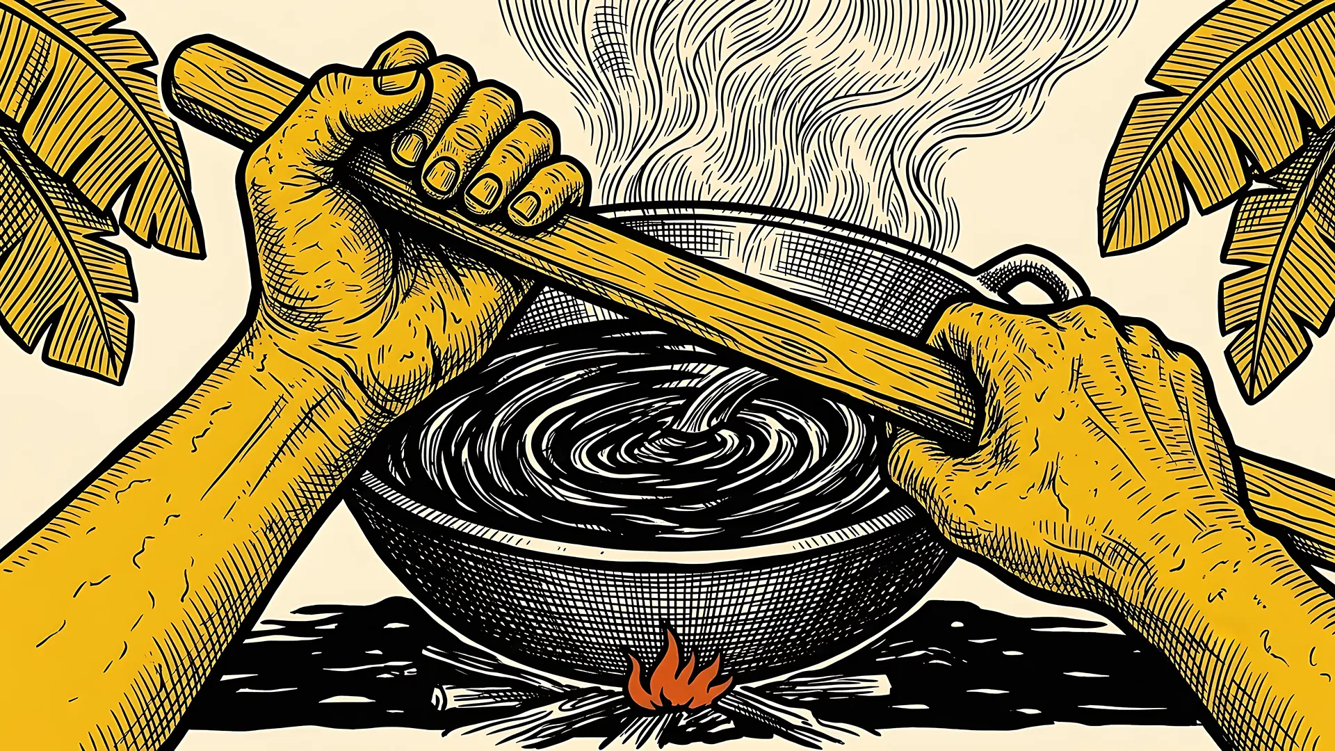 Hands stirring a pot of dark candy over a fire
