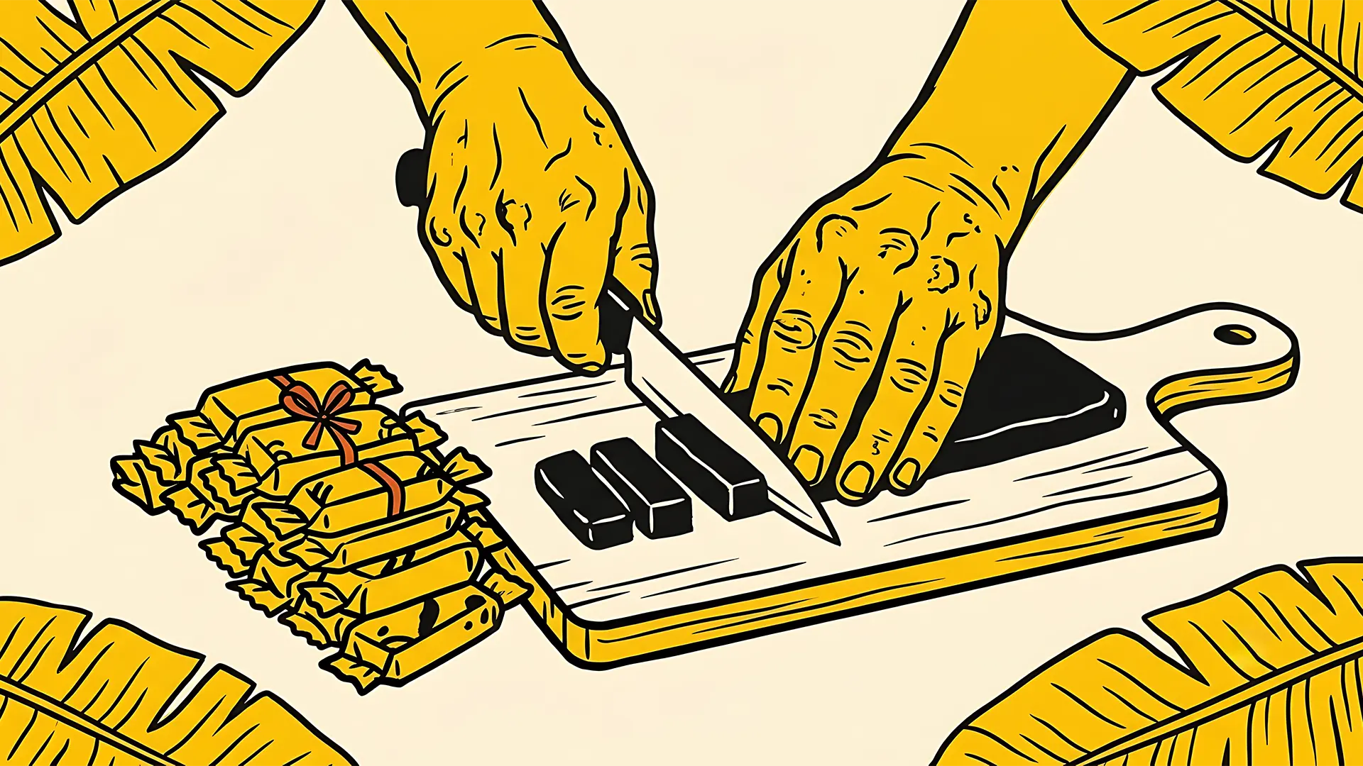 Hands cutting a slab of candy into pieces