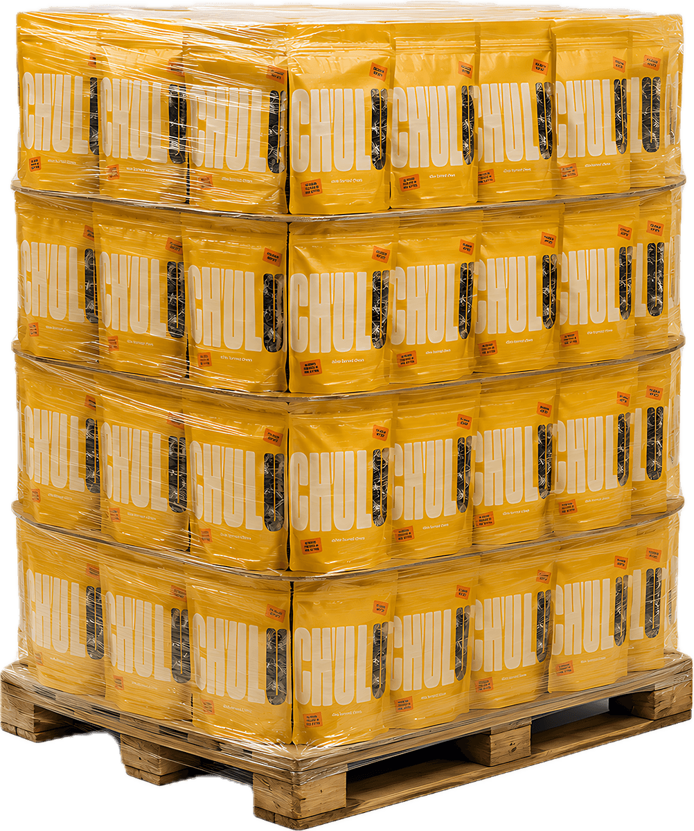 Shrink-wrapped pallet of Chulu bags